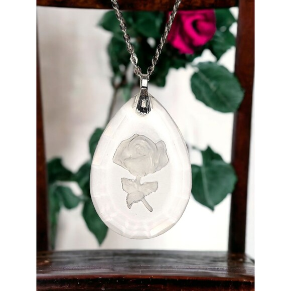 VTG Hallmark Little Gallery Rose Necklace Silver Chain Lead Crystal Pendant 20" - Picture 1 of 2